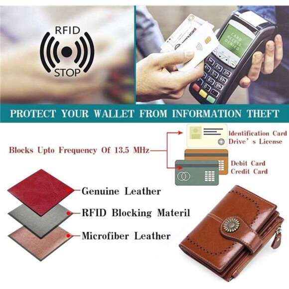 Small Womens Wallet Leather Bifold Card Holder RFID Blocking with Zipper Pocket - Picture 4 of 7